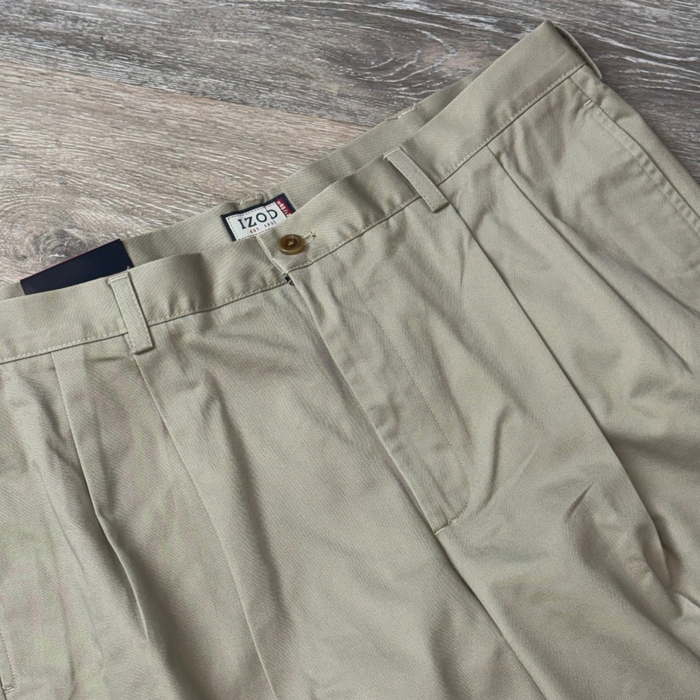 Izod Heritage Chino Pants‎ Mens 40x30 Khaki Tan Double Pleated 100% Cotton NWT